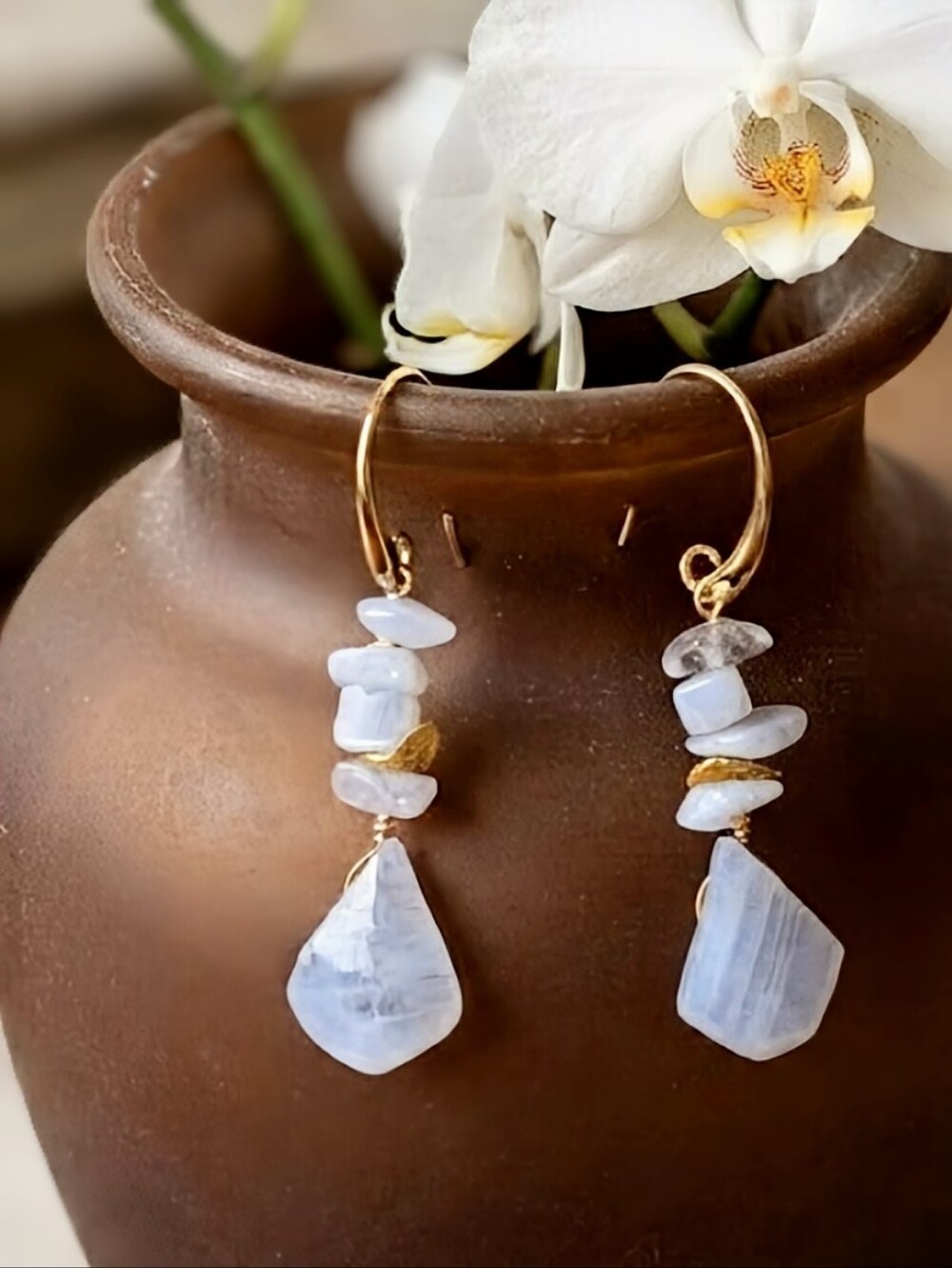 Natural Stacked MOONSTONE W/ Drop In Artisan Handmade Earrings In Gold Plated